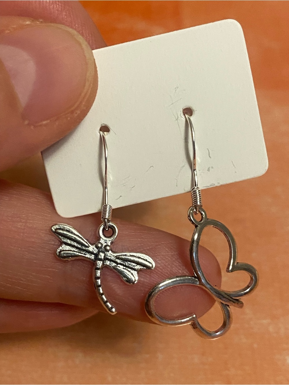 Silver Dragonfly and Butterfly Dangle Earrings - Asymmetrical Nature Charm